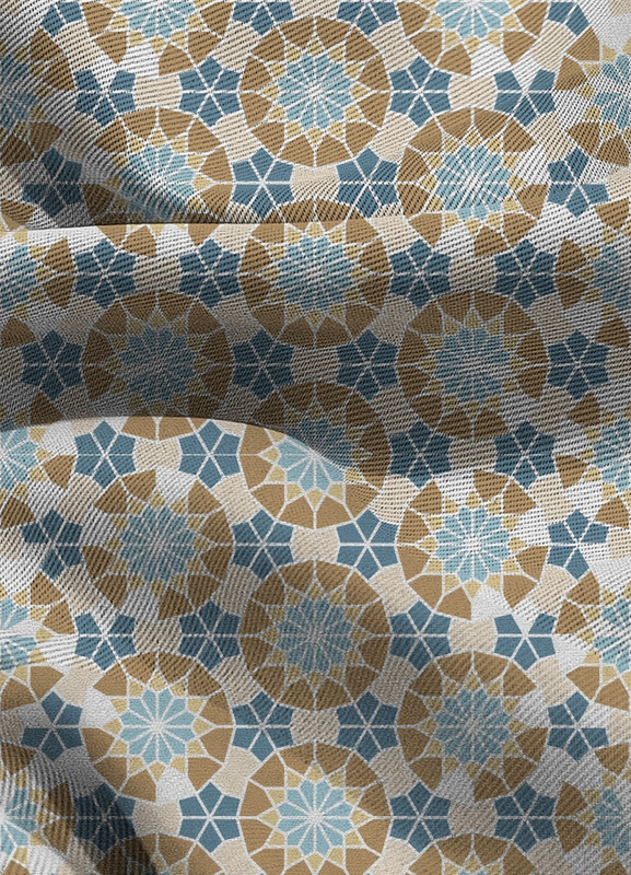 Tecido Blackout Estampa Digital Arabesco Mosaico Azul e Palha 1,35m de Largura