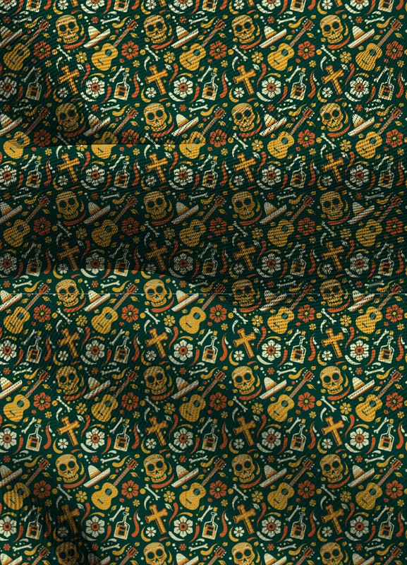 Tecido Blackout Estampa Digital Caveira Mexicana Violão Amarelo 1,35m de Largura