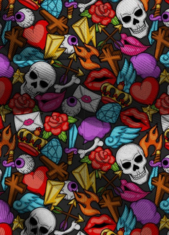 Tecido Blackout Estampa Digital Caveira Tatuagens Coloridas 1,35m de Largura