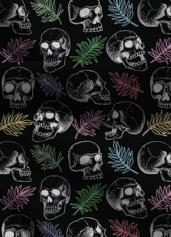 Tecido Blackout Estampa Digital Caveiras e Ramos Coloridos 1,35m de Largura