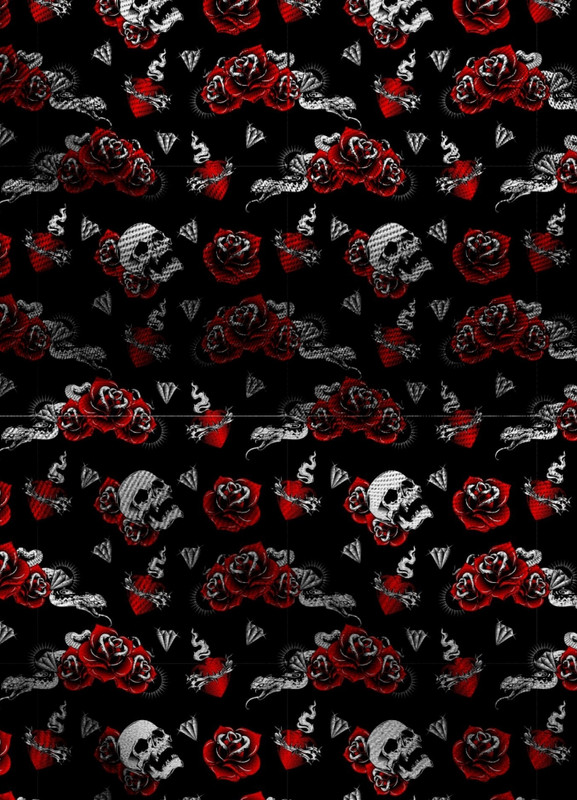 Tecido Blackout Estampa Digital Caveiras e Rosas Fundo Preto 1,35m de Largura