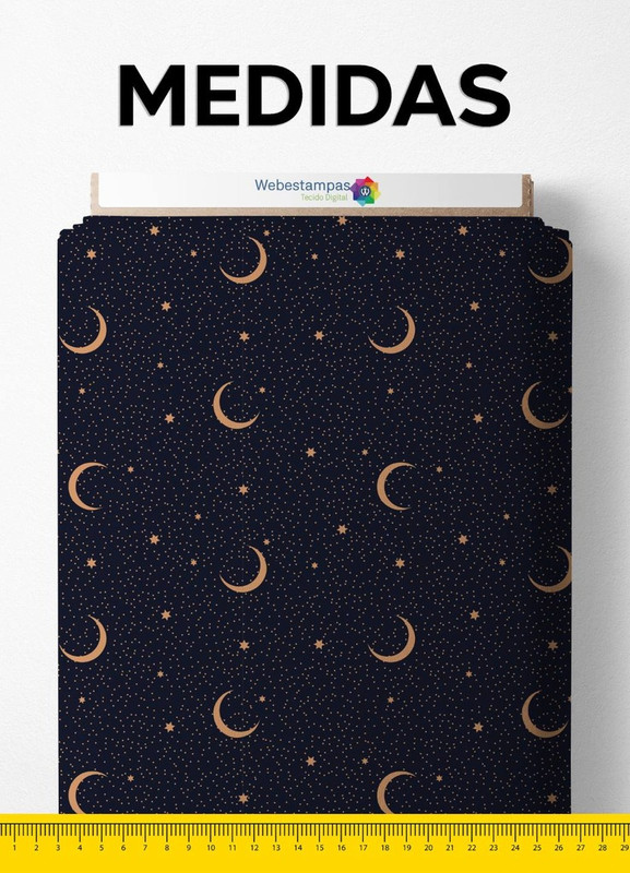 Tecido Blackout Estampa Digital Lua e Estrelas Minimalista Marinho 1,35m de Largura