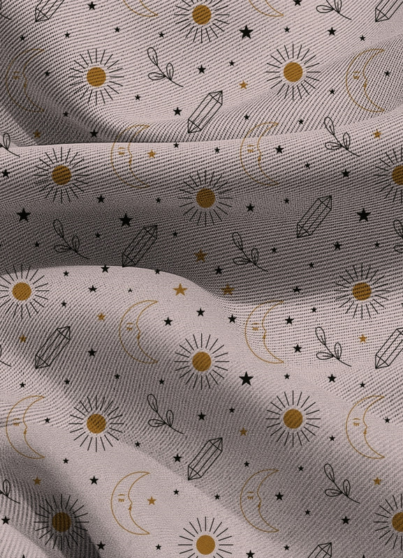 Tecido Blackout Estampa Digital Lua e Sol Dourado e Preto 1,35m de Largura