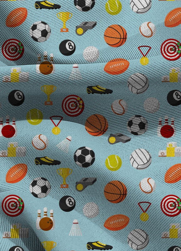 Tecido Blackout Estampa Digital Bolas De Esporte Fundo Azul 1,35m de Largura