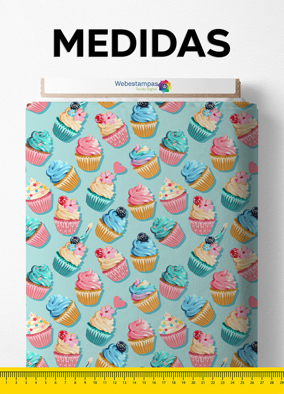 Tecido Blackout Estampa Digital Cupcakes Fofos 1,35m de Largura