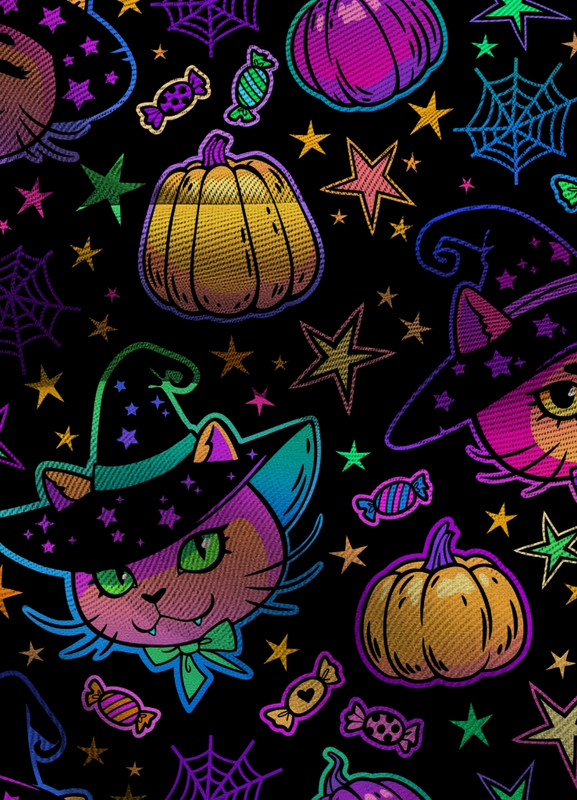 Tecido Blackout Estampa Digital Gatinho Halloween com 1,35m de Largura