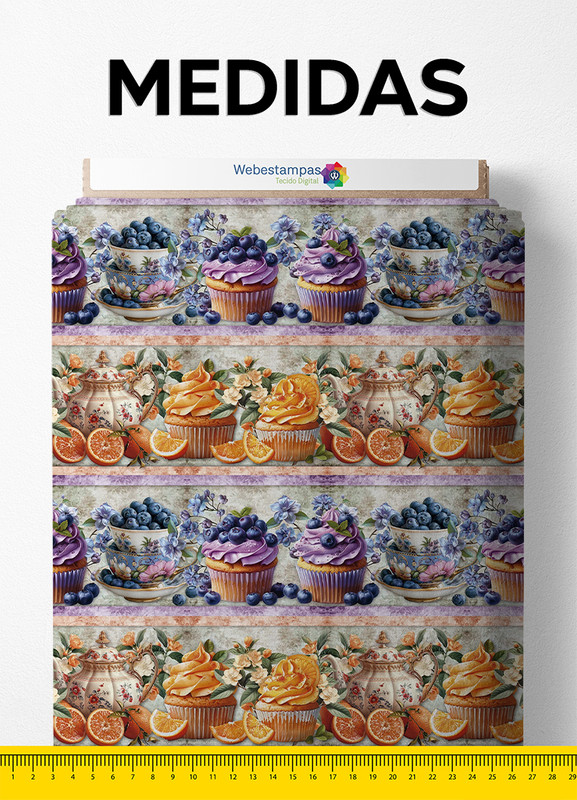 Tecido Cetim Estampa Digital Cupcakes 1,40m de Largura