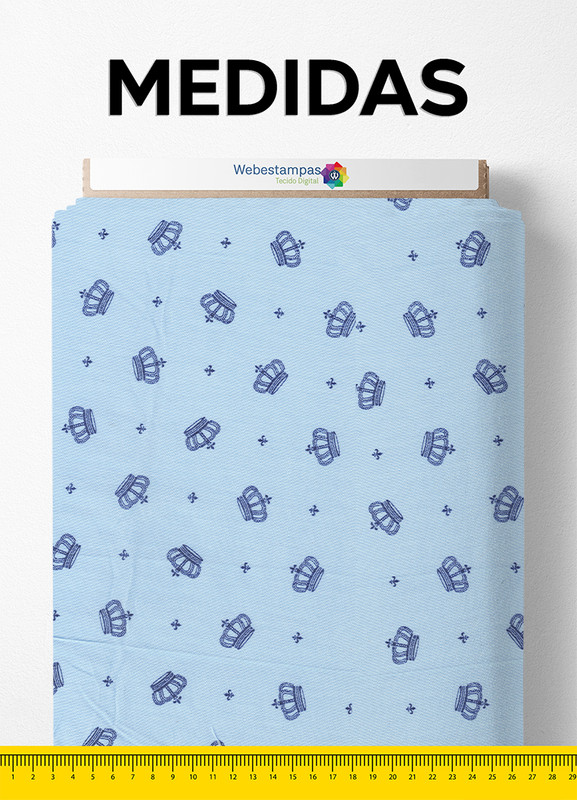 Tecido Tricoline Misto Estampa Digital Coroa Fundo Azul Bebê 1,50m de Largura
