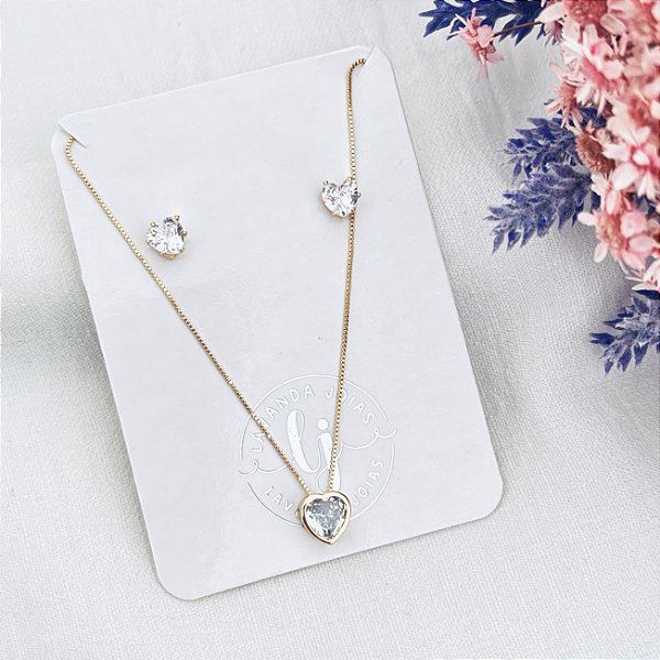 Conjunto Coração Cristal banho Ouro 18k