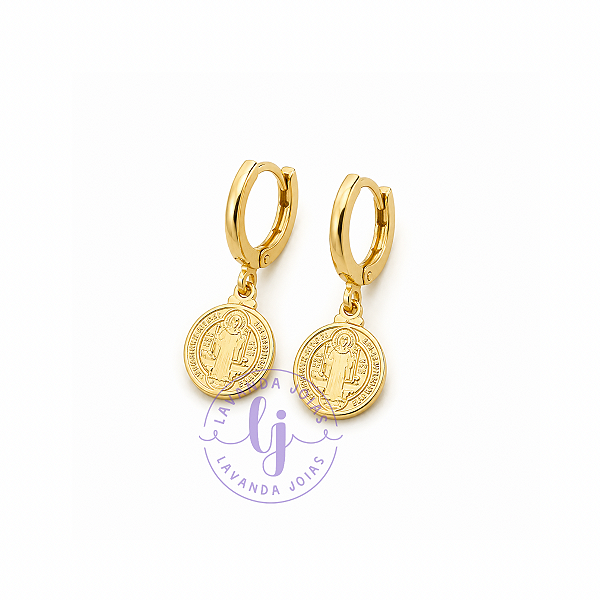 Brinco Argola Medalha São Bento no banho Ouro 18k
