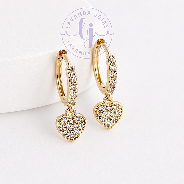 Brinco Argola Pingente Coração banho Ouro 18k
