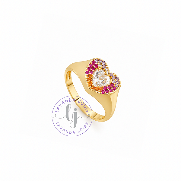Anel Coração Cravejado Rainbow banho Ouro 18k