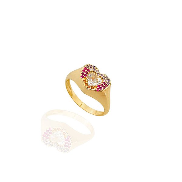 Anel Coração Cravejado Rainbow banho Ouro 18k