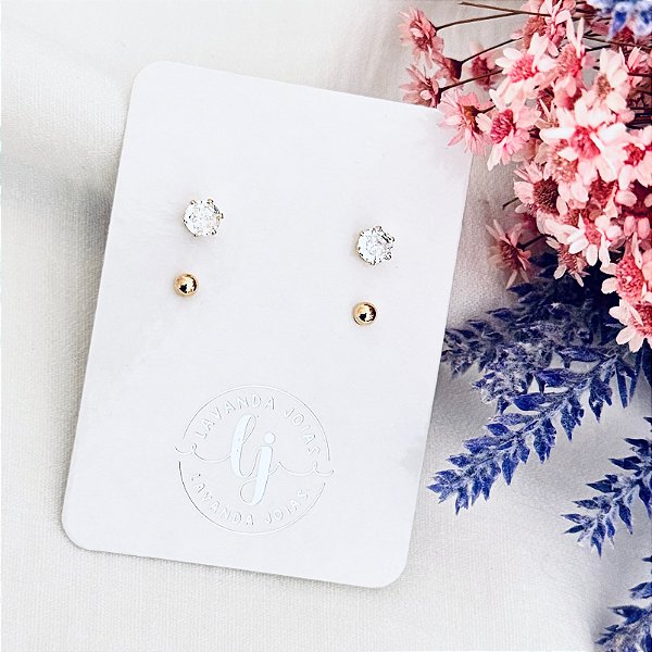 Conjunto Brinco Ponto de Luz e Bolinha banho Ouro 18k