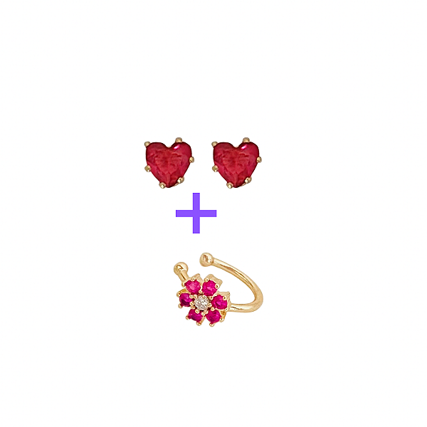 Brinco Coração e Piercing FakeFlor Rubi banho ouro 18k