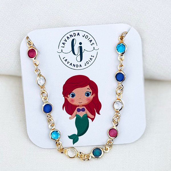 Colar Sereia Cristais Coloridos banho Ouro 18k