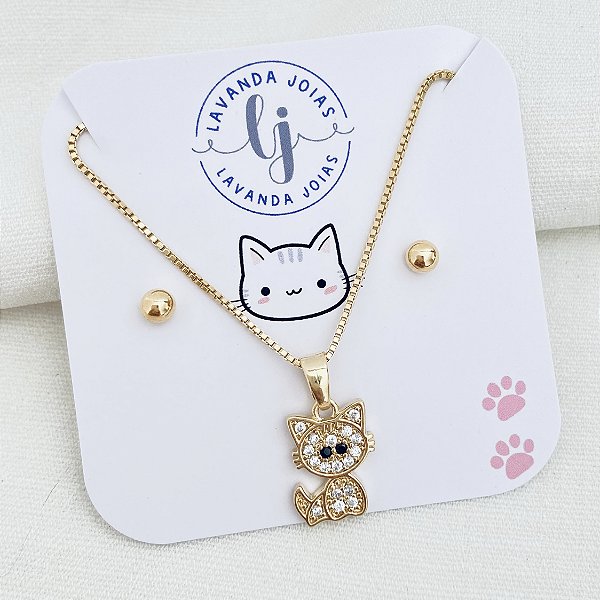 Conjunto Brinco e Colar Gatinho em banho Ouro 18k