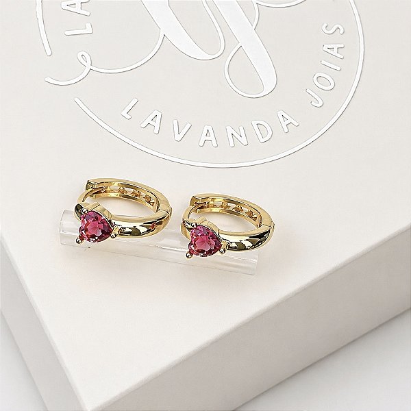 Brinco Argola Coração Rosa em banho ouro 18k