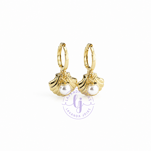 Brinco Argola Concha e Pérola banho Ouro 18k