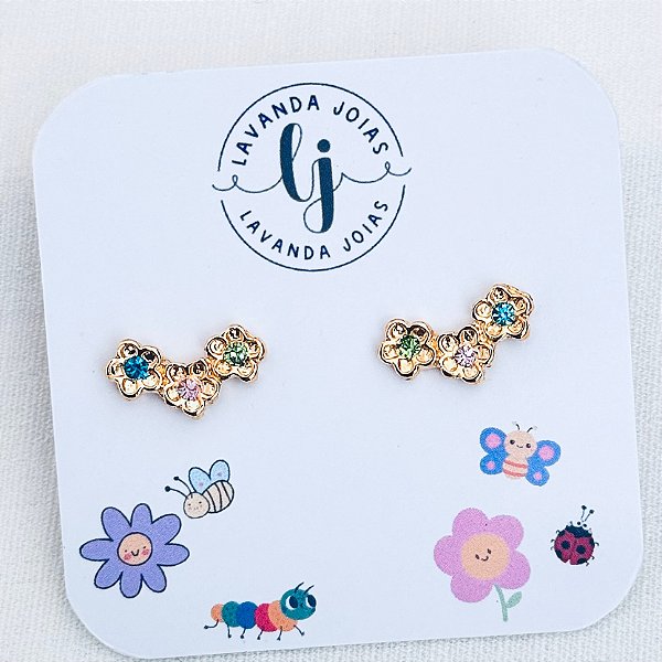 Brinco Flores Coloridas banho Ouro 18k