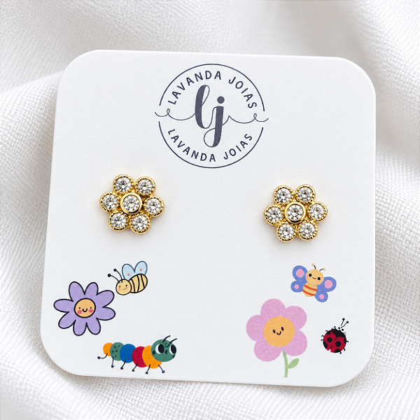 Brinco Flor Cristal banho Ouro 18k