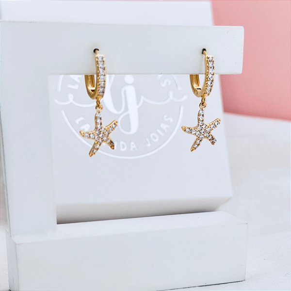 Brinco Argola Estrela cravejada banho Ouro 18k