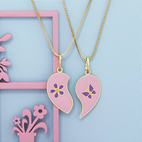 Kit Colar Coração Amor Perfeito em banho ouro 18k