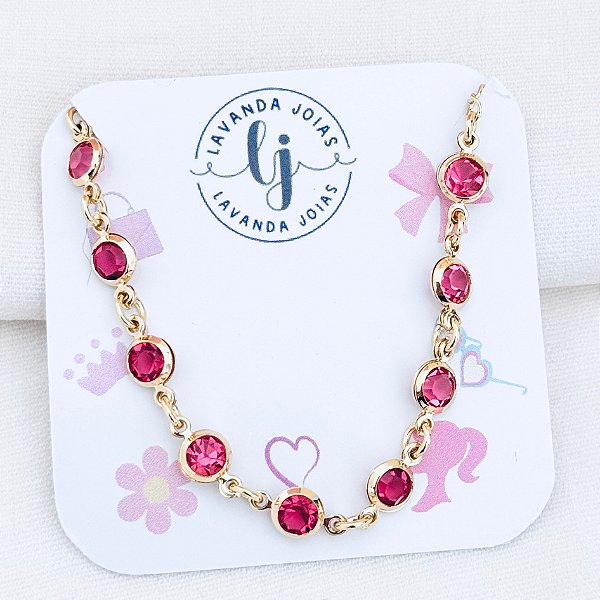 Pulseira Infantil Pedras Pink em banho Ouro 18k