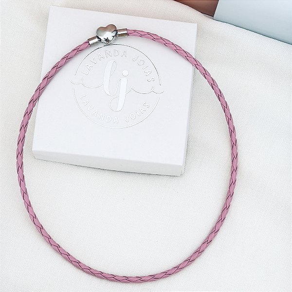 Colar Couro Rosa Coração para Berloques