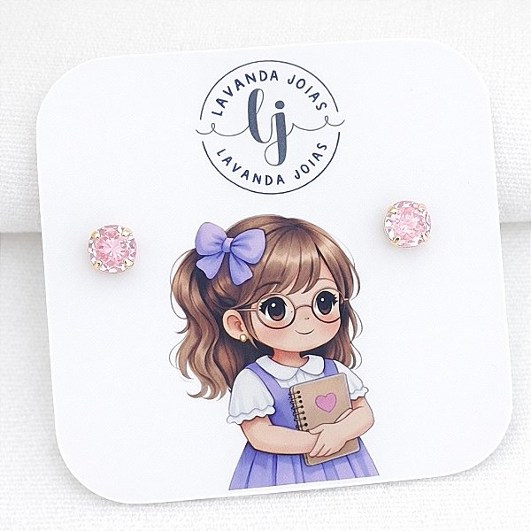 Brinco Ponto de Luz Rosa em banho ouro 18k