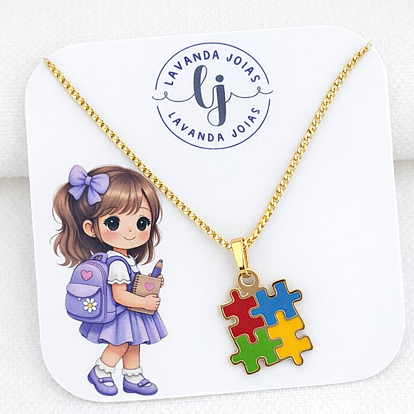 Colar Pingente Autismo Colorido em Banho Ouro 18k
