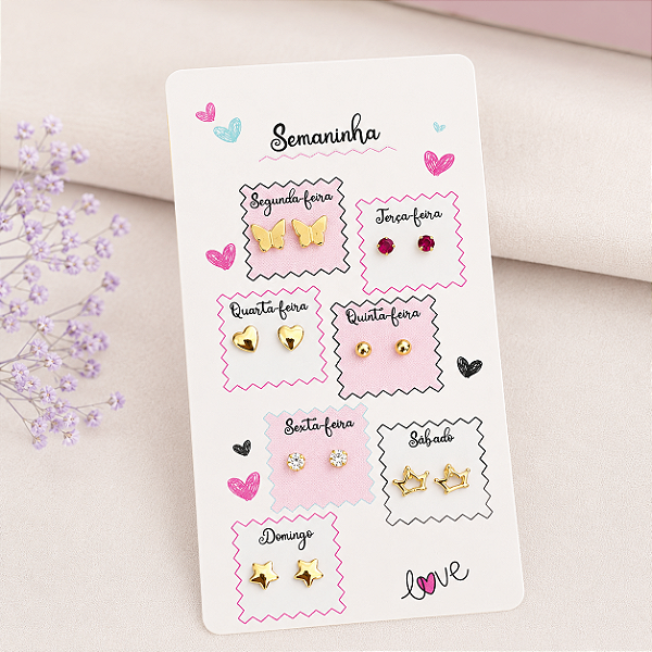 Kit de Brincos Semaninha Cute banho Ouro 18k