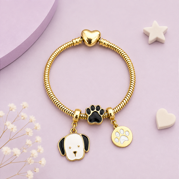 Pulseira Berloques Dogs banho Ouro 18k