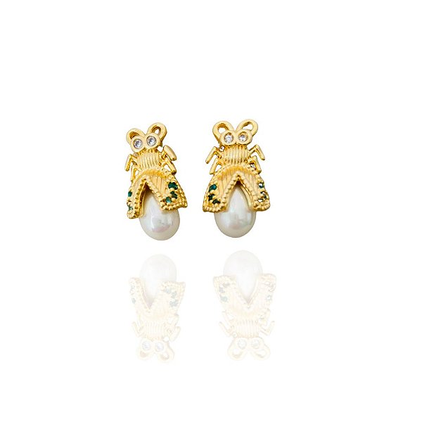 Brinco Pérola Vagalume banho Ouro 18k
