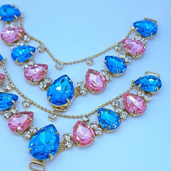 Cabedal em V Gotas Rosa com Azul