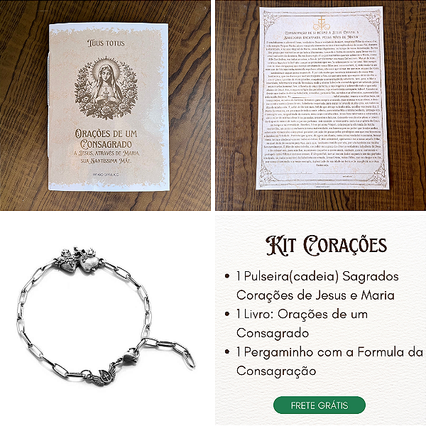 Kit Corações - Consagrado a Jesus por Maria (Livro + pergaminho + pulseira sagrados Corações de Jesus e Maria)