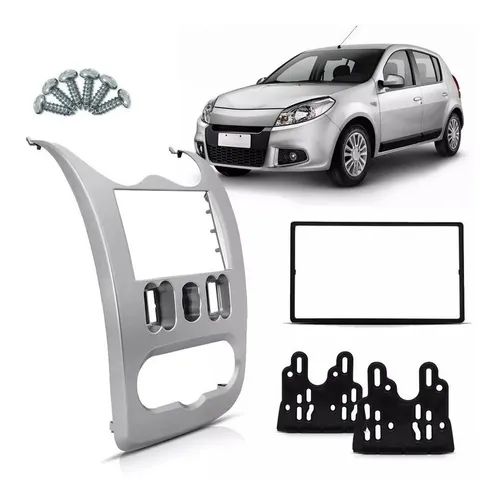 Moldura Painel Renault Sandero Logan 2007 2008 2009 2010 2011 2 Din Prata Multimidia Dvd Padrão Japonês Chinês