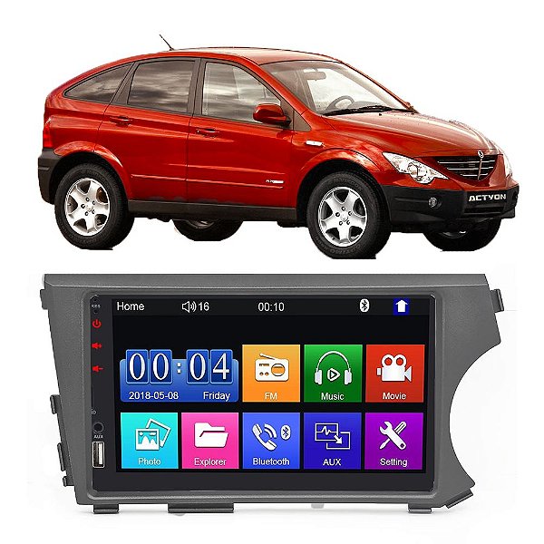 Kit Multimídia Mp5 Ssangyong Kyron Actyon 2008 A 2013 7” Android e IOS USB SD Bluetooth Auxiliar Rádio FM