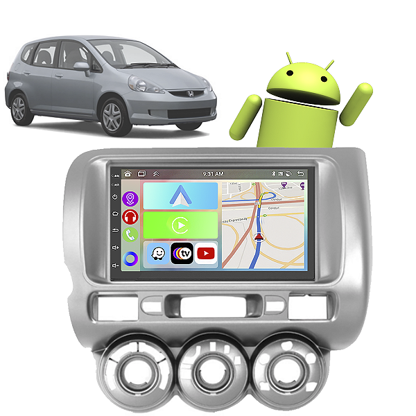 Kit Multimídia Honda Fit (2004-2008) 7" Polegadas 2-32Gb GPS TV Android-Auto CarPlay Comando de voz Google Siri