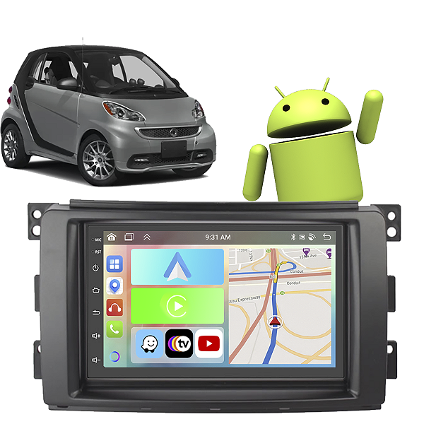 Kit Multimídia Mercedes-Benz Smart Fortwo (2009-2010) 7" Polegadas 2-32Gb GPS TV Android-Auto CarPlay Voz Google Siri