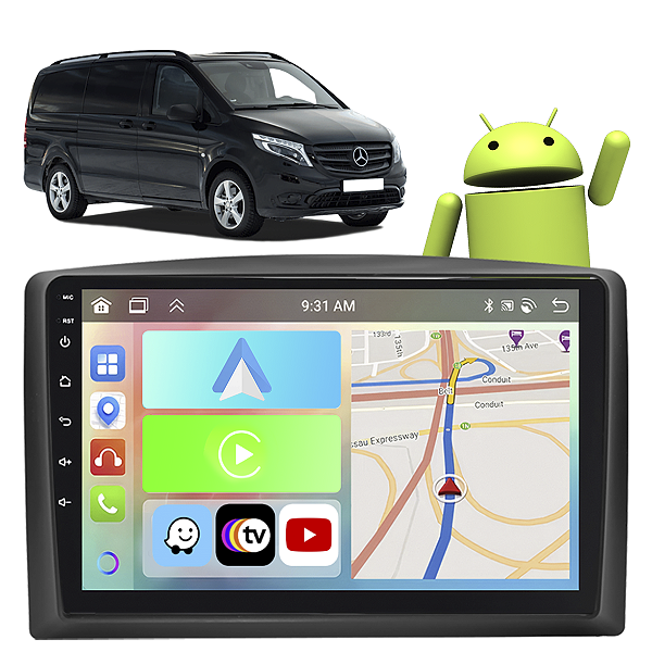 Kit Multimídia 9” Carplay Android Auto Mercedes Vito 2015-2017 GPS TV Online Assistente de Voz Câmera de Ré