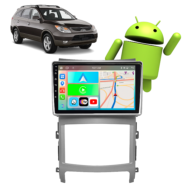 Kit Multimídia Carplay Android Auto 9” Vera Cruz 2008-2014 GPS TV Online Google Assistente Siri Câmera de Ré