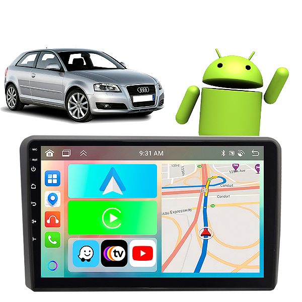 Kit Multimídia Carplay Android Auto 9” Audi A3 2007-2012 GPS TV Online Google Assistente Siri Câmera de Ré