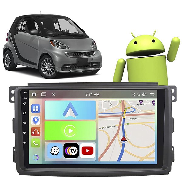 Kit Multimídia Carplay Android Auto 9” Smart Fortwo 2009-2016 GPS TV Online Google Assistente Siri Câmera de Ré
