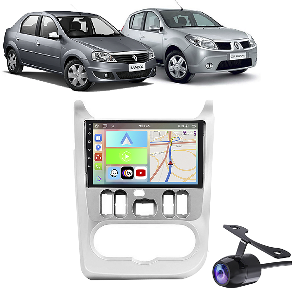 Kit Multimídia 9” Sandero Logan 2007-2011 Carplay Android Auto GPS TV Online Câmera de Ré Assistente Google/Siri