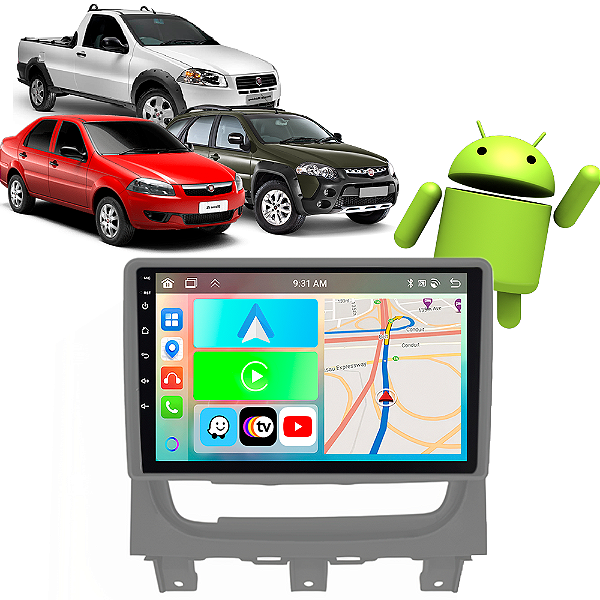 Kit Multimídia Carplay Android Auto 9” Siena Strada 2012-2020 Google Assistente Siri Câmera de Ré
