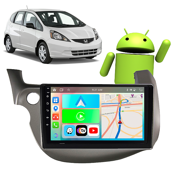 Kit Multimídia Honda Fit 2009-2014 9” Carplay Android Auto GPS TV Online Google Siri + Câmera de Ré
