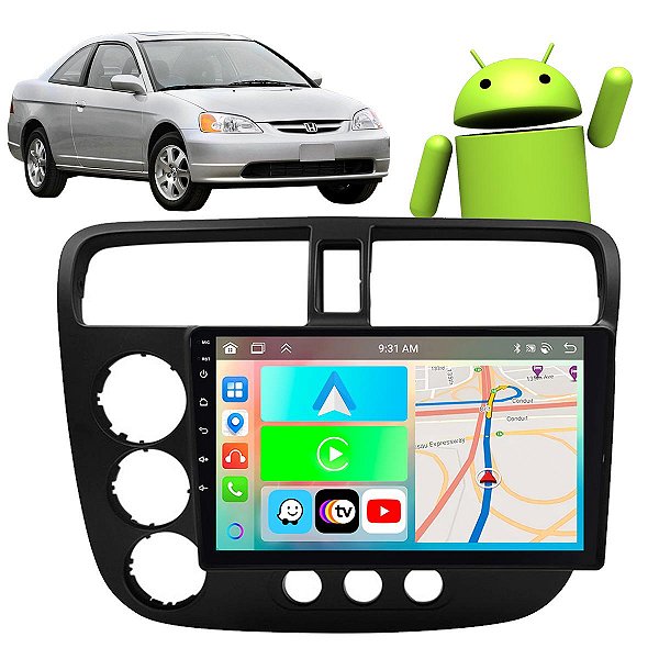 Kit Multimídia Carplay Android Auto 9” Civic 2001-2006 GPS TV Online Google Assistente Siri Câmera de Ré