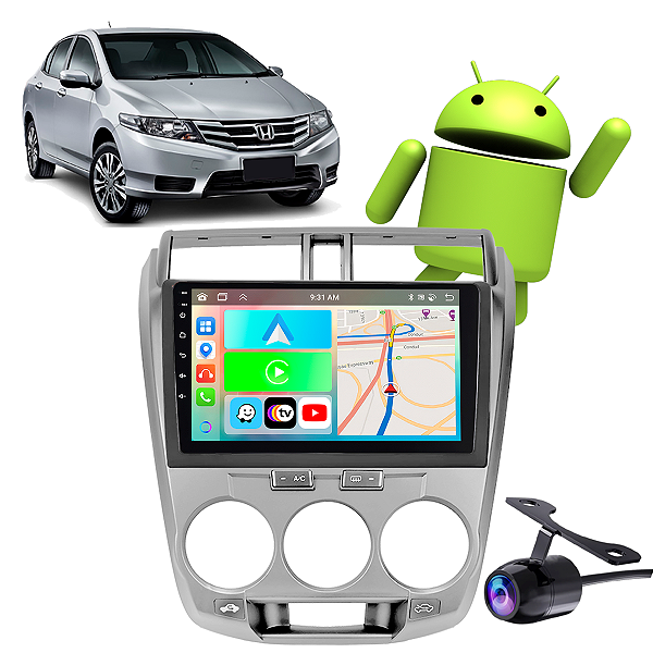Kit Multimídia Carplay Android Auto 9” Honda City 2009-2014 GPS TV Online Google Assistente Siri Câmera de Ré