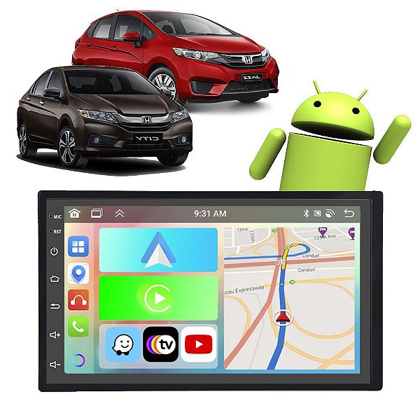 Kit Multimídia Fit City (2015-2021) 7" Polegadas 2-32Gb GPS TV Android-Auto CarPlay Comando de voz Google Siri